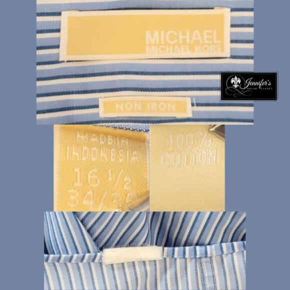 MICHAEL Michael Kors Men's Blue White Stripe Non-Iron Long Sleeve Shirt - Picture 6 of 8